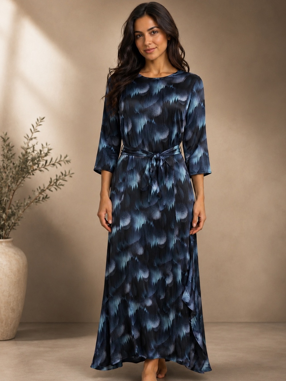 Aleeza Paris Blue Patterned Tie-Waist Maxi Dress with Three-Quarter Sleeves